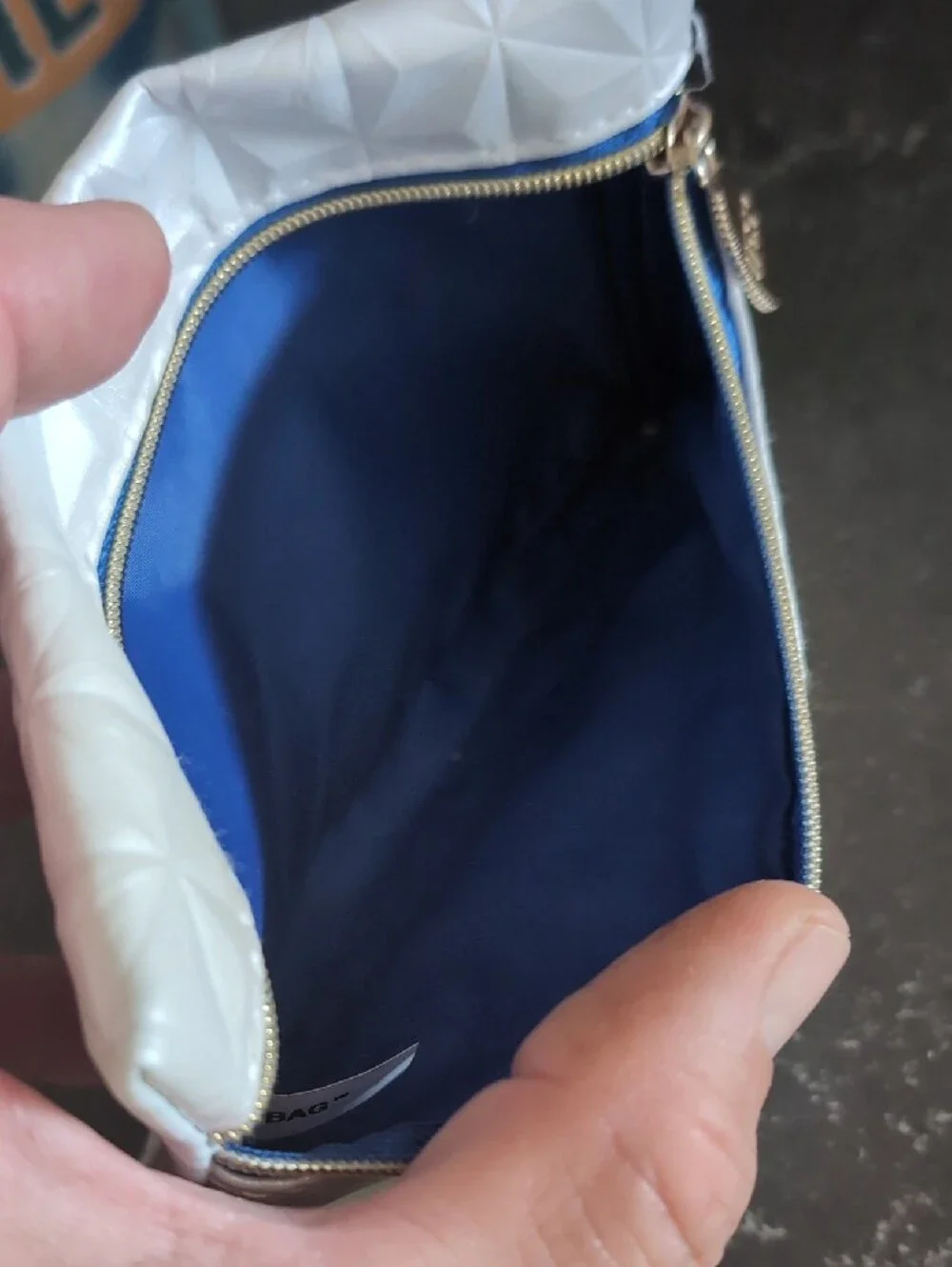 White IPSY Geometric Zip Pouch with Navy Trim